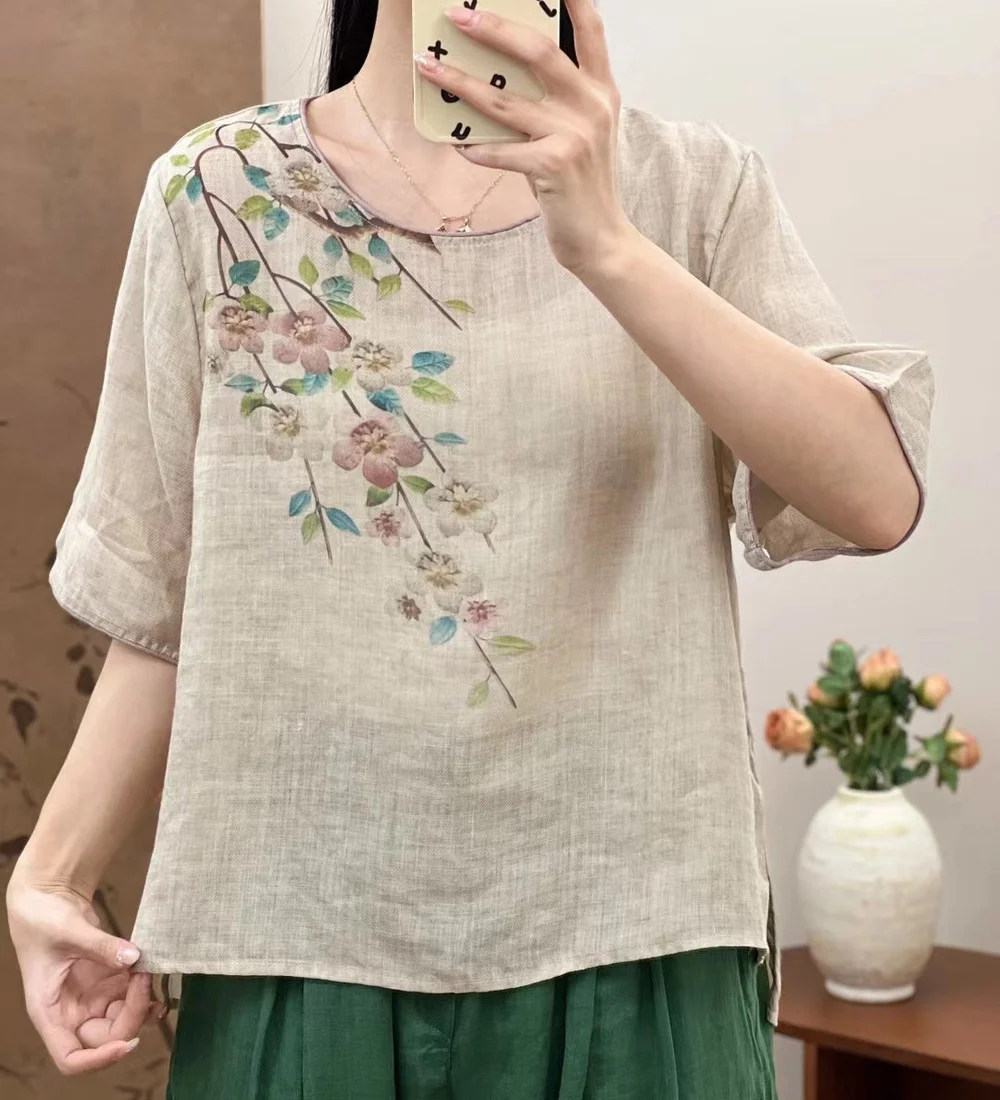 Cotton linen summer blouses for women 2024 middle-aged women's clothing Japan style short sleeve shirts large size tops