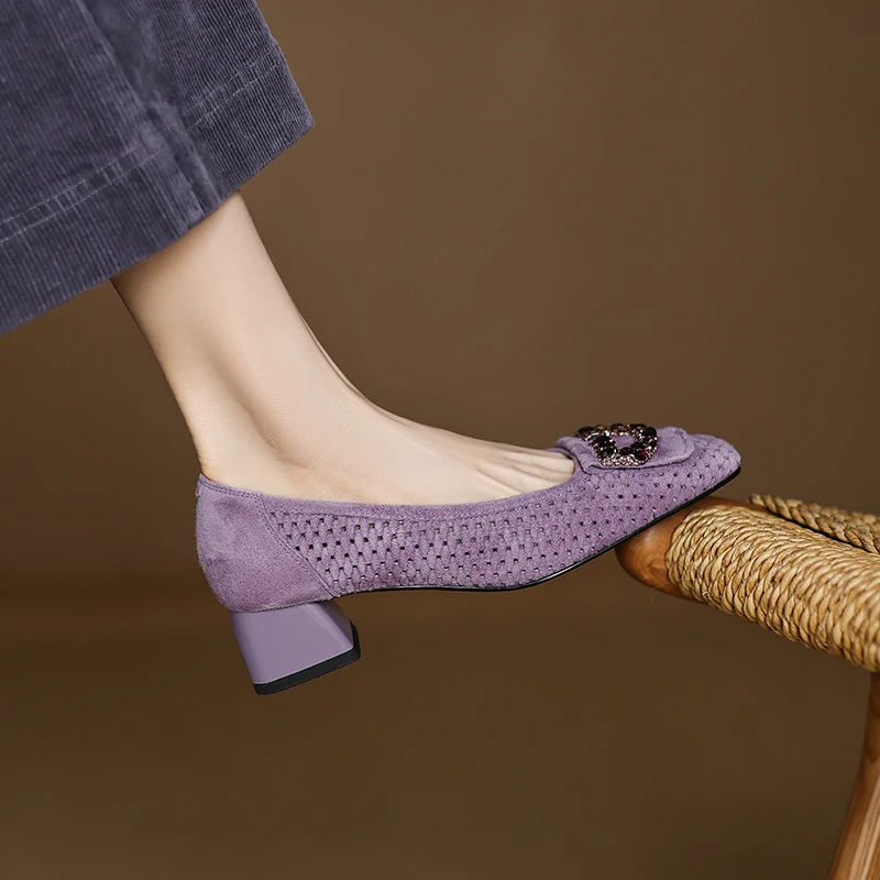 women's hollow-out natural suede leather crystal buckle slip-on pumps 4cm thick med heel elegant ladies heeled dress shoes - Image 2