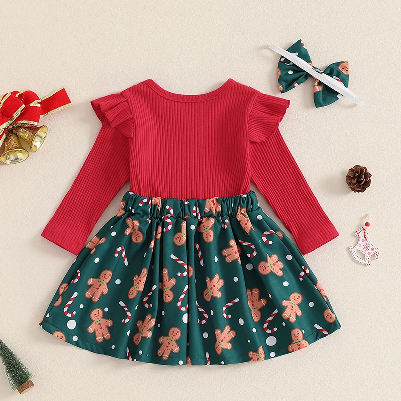 Toddler Baby Girls Christmas Skirt Set Plaid Gingerbread Man Bow Long Sleeve Ribbed Ruffled Overall Dress Headband 2Pcs Outfit