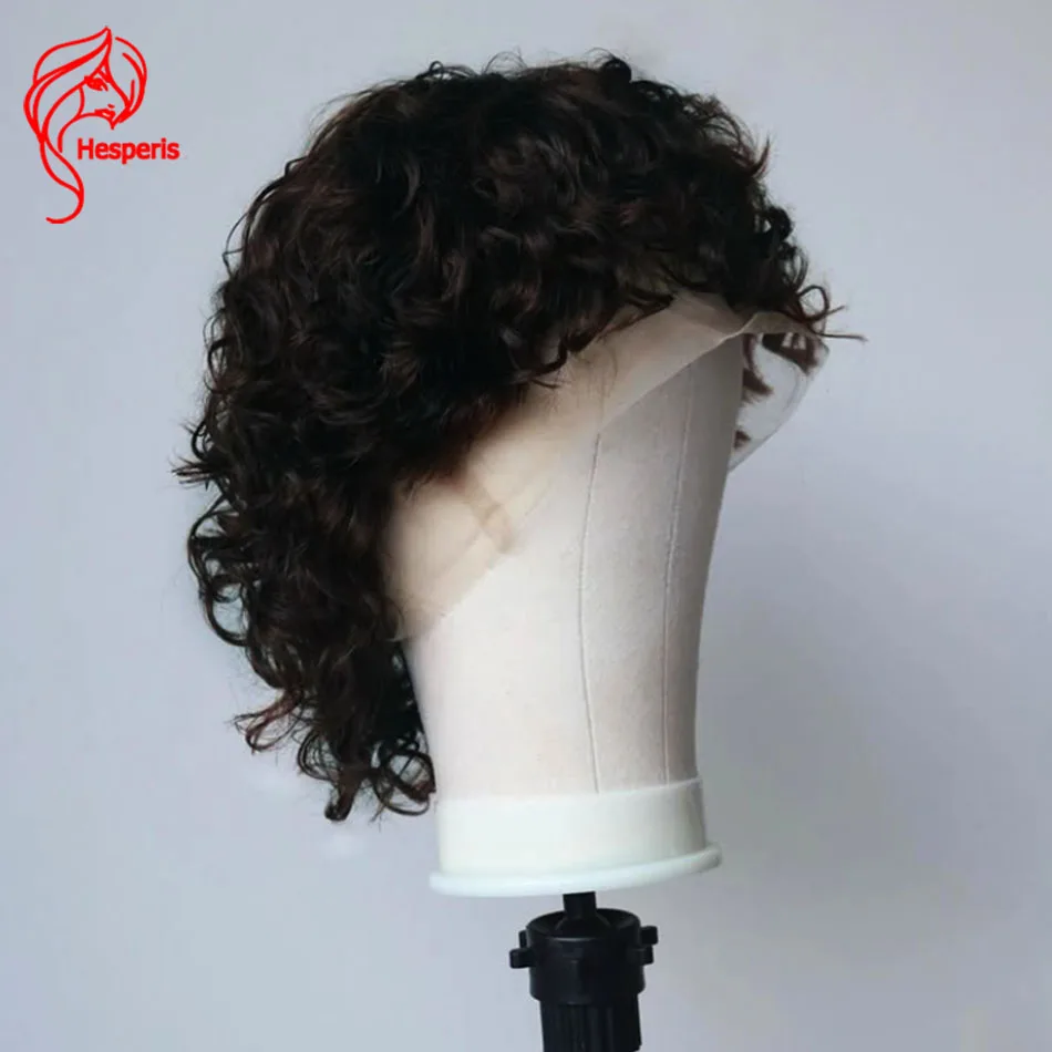 Hesperis Brown Curly Mullet Wig Brazilian Remy Full Lace Human Hair Wigs Curly Pixie Cut Wig Short Men\'s Wig With Bangs