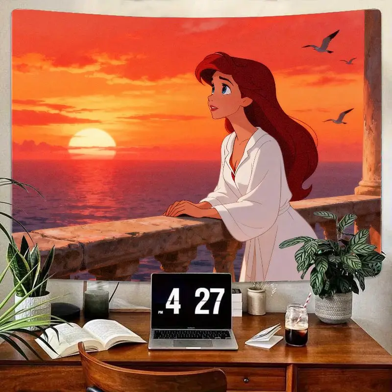 

1 шт. гобелен «Русалочка Ариэль» Диснея, настенное искусство «Яркий закат океана», эстетический подарок для декора гостиной из полиэстера для спальни.