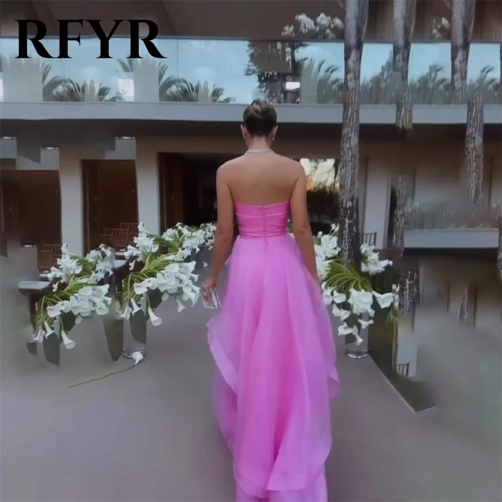 RFYR Pink Long Party Dresses Vintage Strapless Night Dress Beach Pleat Layer Tulle Celebrity Dress vestidos de fiesta Customized