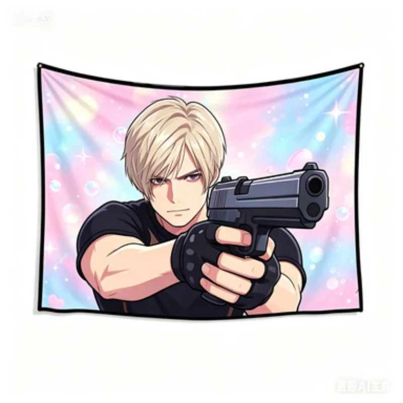 Leon Kennedy Anime Tapestry Wall Hanging Pink Blue Pastel Aesthetic Wall Art for Bedroom Living Room Home Decor