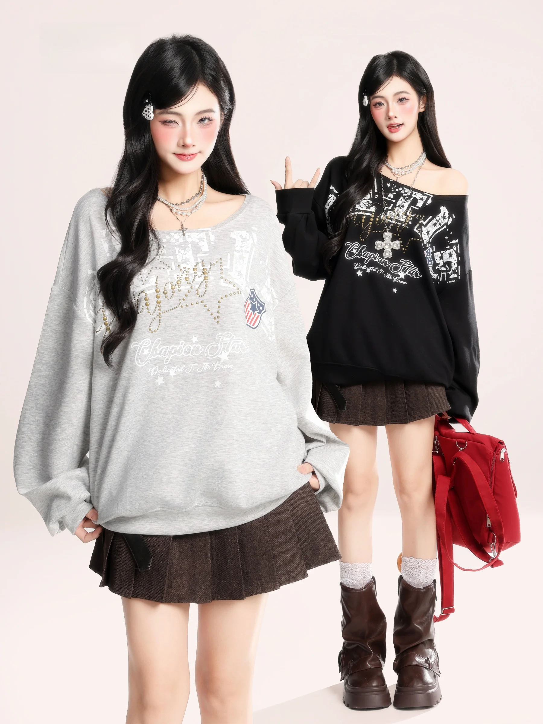 

HM American Retro Letter Print oulder Bared Sweatirt Women Spring Spicy Loose Slimming Top Trendy Long Sve round Ne