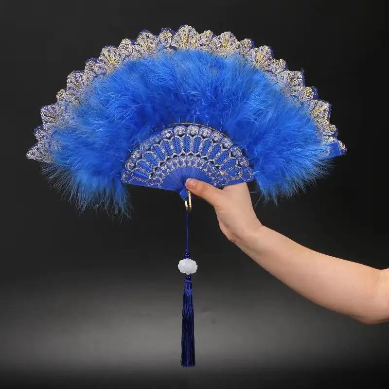 1PC Feather Folding Fan PP Lolita Gothic Dance Hand Fan With Pendant Vintage Party Wedding Decoration Gift