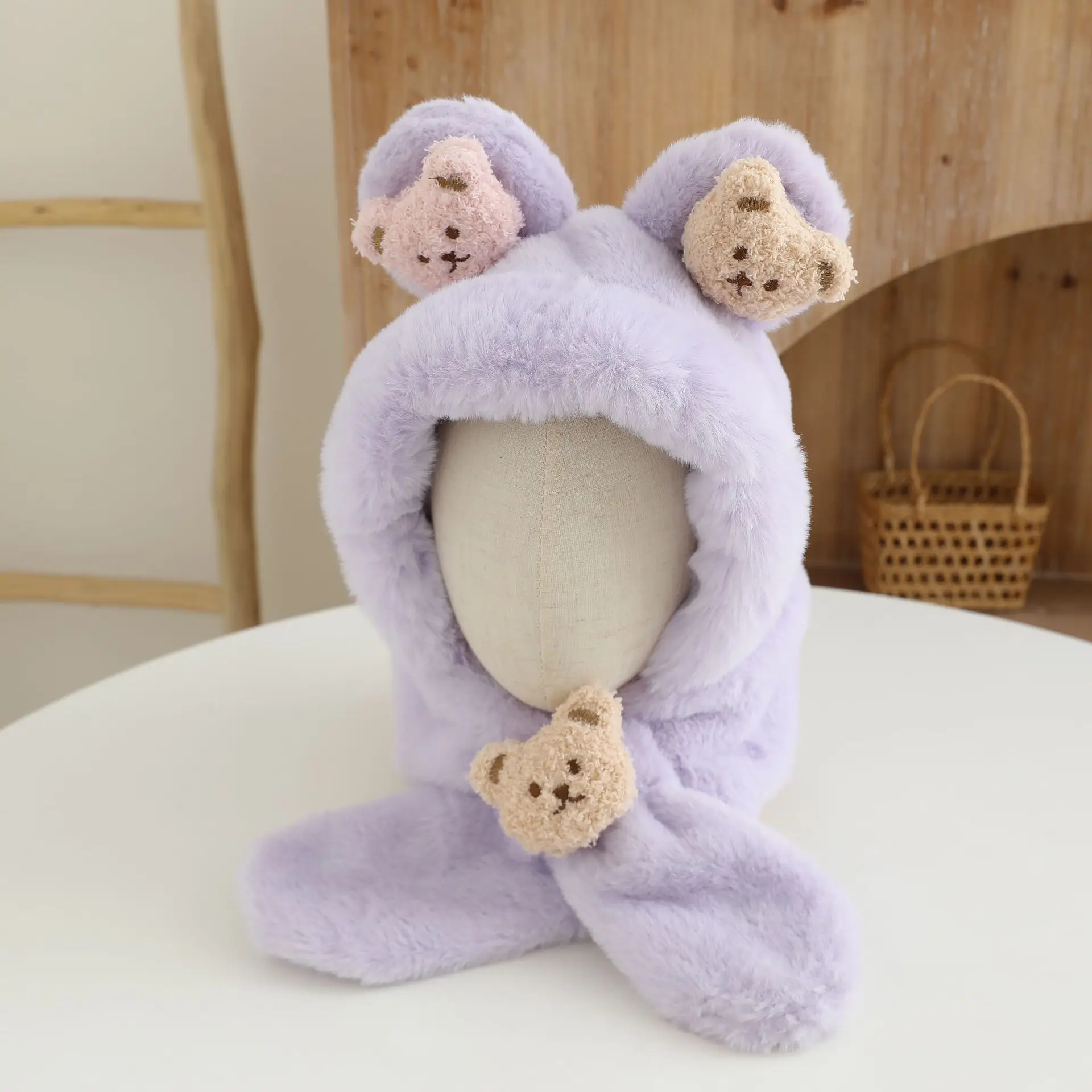 Winter-Baby-Plüsch-Mütze-Schal-Set, Cartoon-Bär-Beanie, warmes Samt-Kinderhalsband, 6-24 Monate, Ohrenschutz, Pullover-Mütze – Detail 8