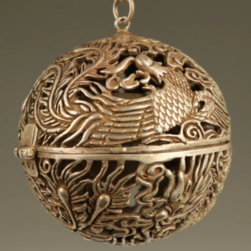 Old Tibet Silver Copper Hand Carved Dragon Phoenix Statue Incense Burner Buddha