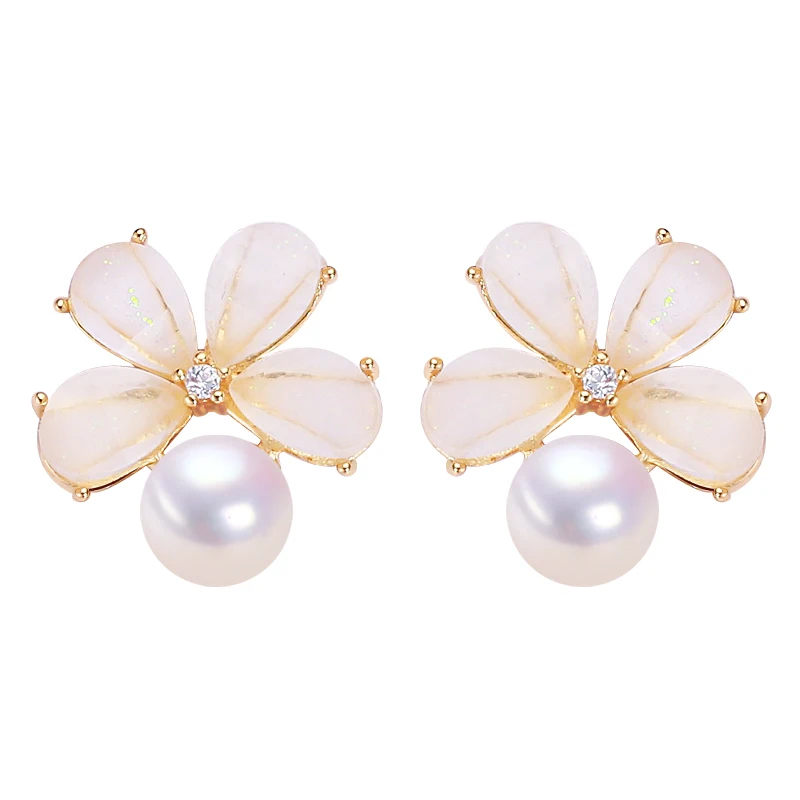 

ZHBORUINI Cauuev genuine 100% Natural Freshwater Pearl Earrings for Women 14K Gold-plated Flower Earrings S925 Silver Needle