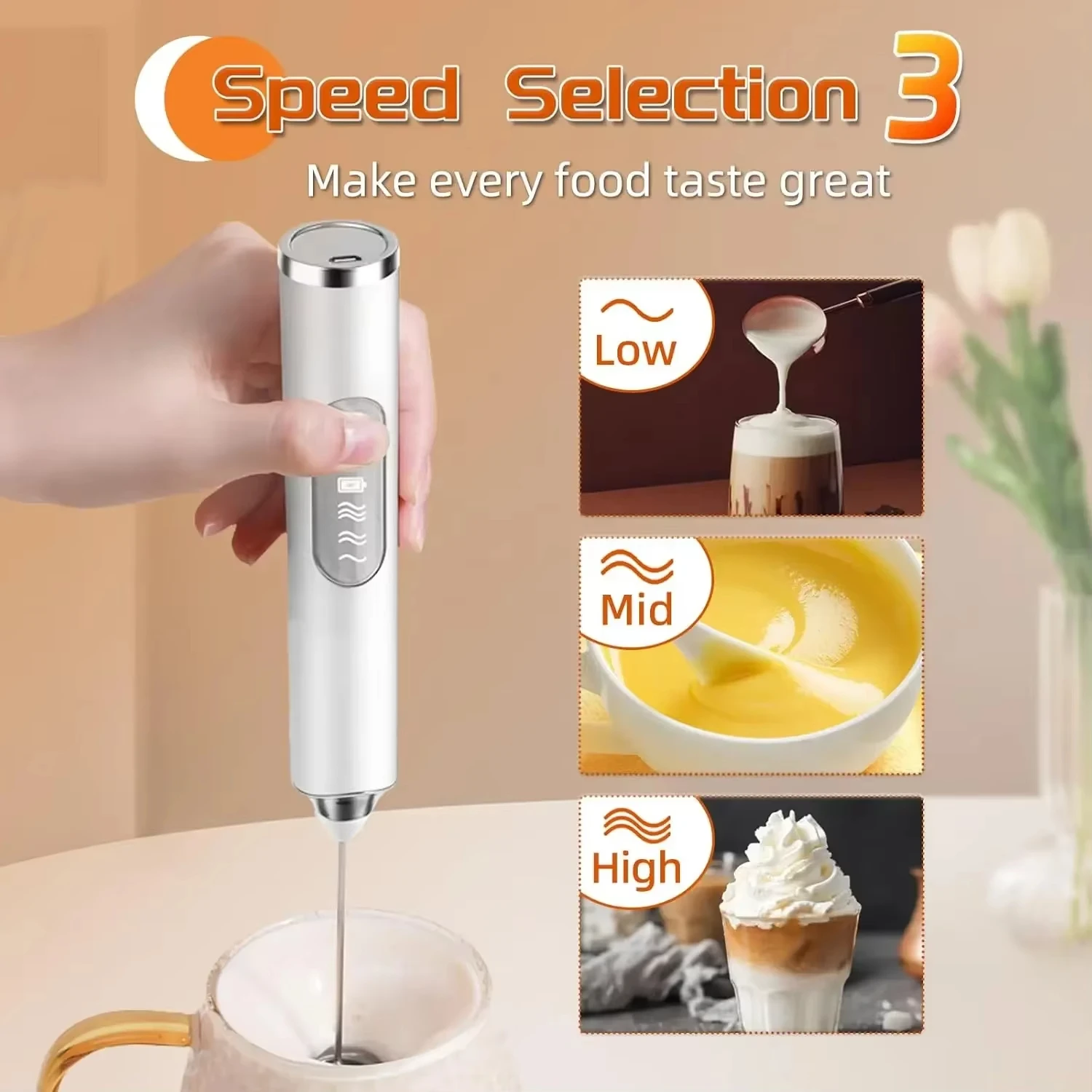 

Mini Eggbeater Milk Coffee Blender Handheld Cream Whipper Latte Cappuccino Beverage 3-speed Rechargeable Blender