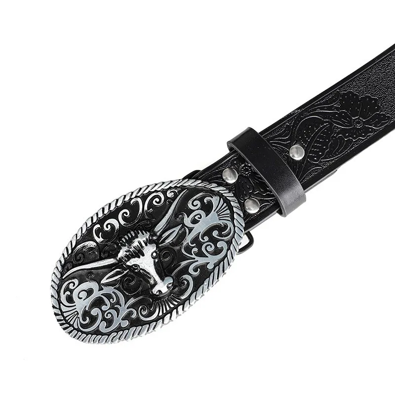 Retro-Trendiger Herren-Gürtel mit Stierkopf-Legierungsschnalle, Western-Stil Prägedruck-Blumenrelief Personalisierter Ethnischer Herren-Gürtel – Detail 10