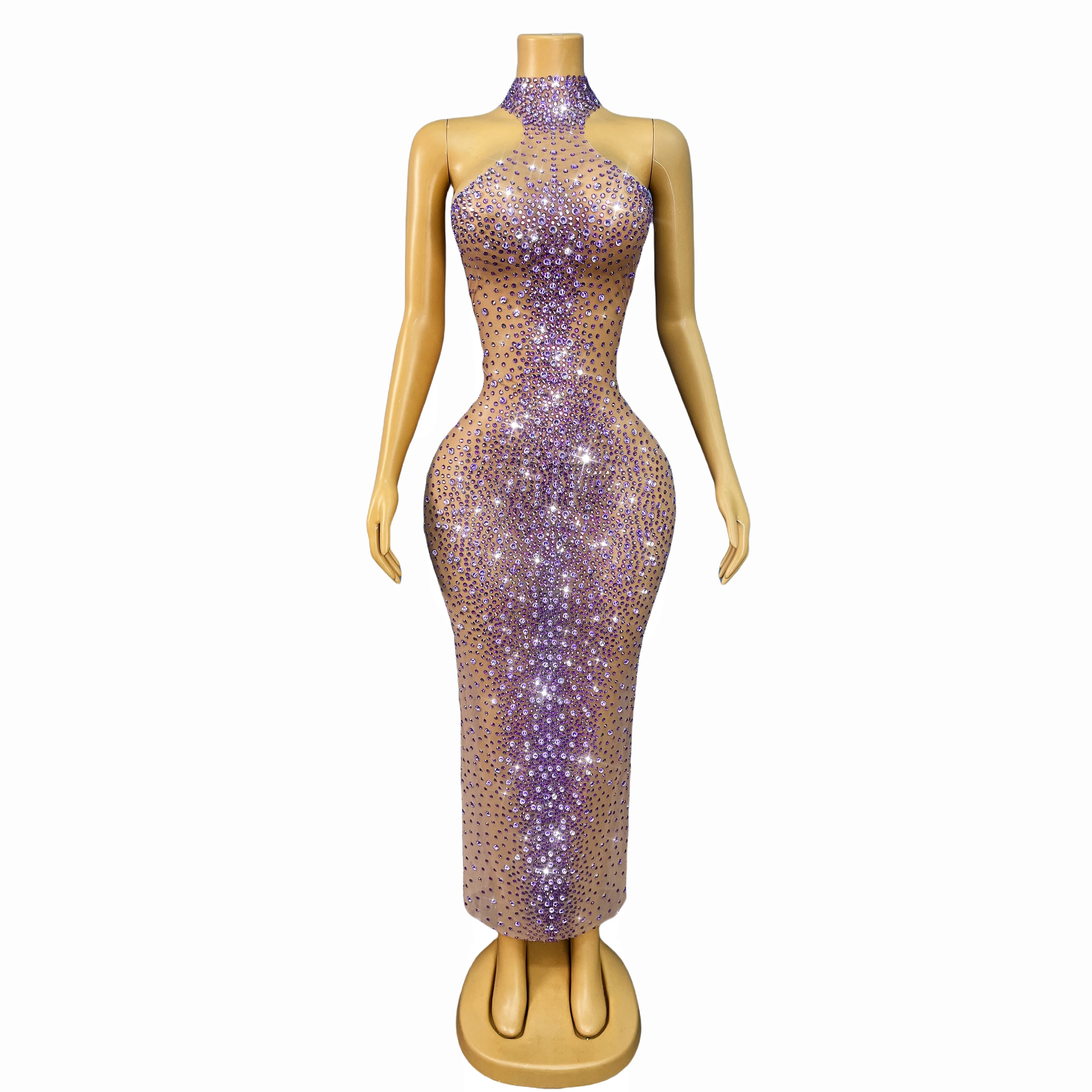 High-end Blingbling Rhinestones Sexy Nude Mesh Trim fiit Dress Women Dancer Show Costume Evening Party Elegant Gown Jianbian