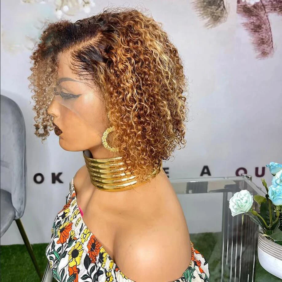 Glueless Soft Ombre Brown Honey Blonde Kinky Curly Short Bob Preplucked BabyHair Lace Front Wig For Black Women 180Density Daily