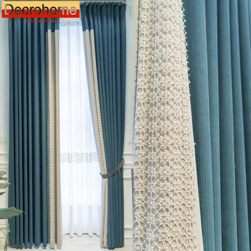 

Customized Blue Beige Jacquard Chenille Lace Patched Curtains for Living Room Bedroom French Window Balcony Villa Finished