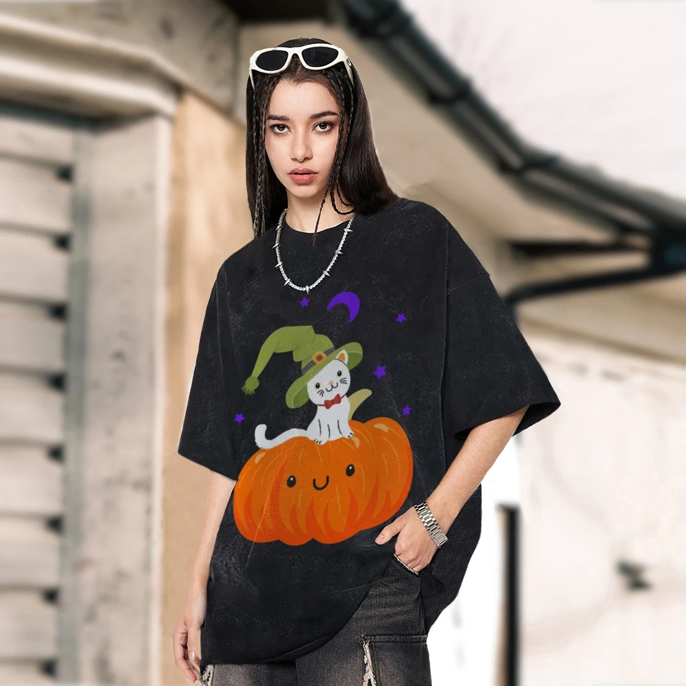 

Pumpkin Cat Trendy Vintage Unisex Washed T-shirt 90s Vintage Oversize T-Shirt Retro Washed Stylish Tee