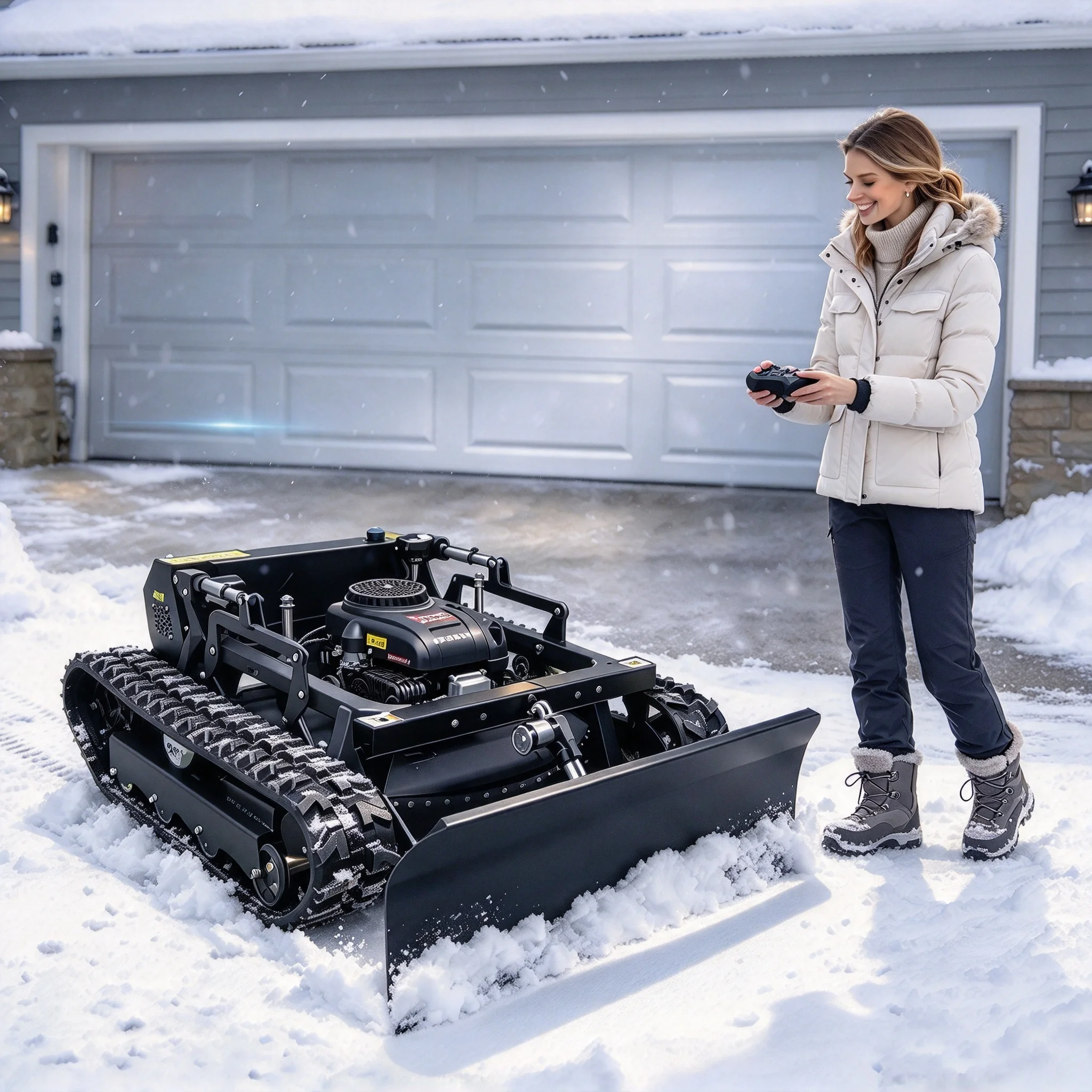 Factory Hot Sale Remote Control Lawn Mower With Track Chassis And Snow Shovel, Grass Cutter For Garden Green Belt, Customized