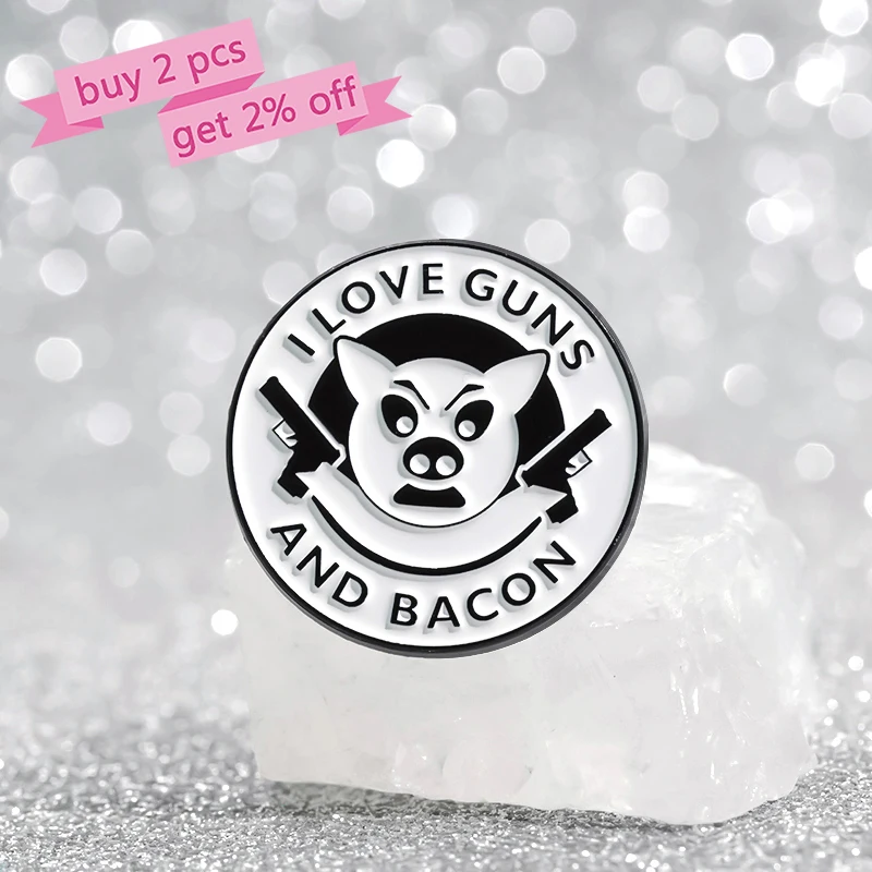 I Love Guns And Bacon Enamel Pins Custom Killer Pig Brooches Lapel Badges Cartoon Animal Jewelry Gift for Kids Friends