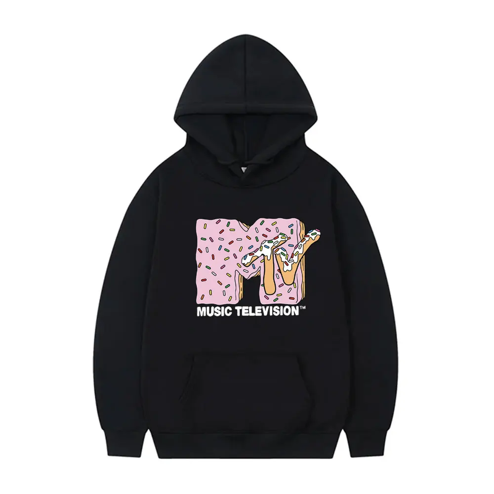 MTV Music Television Pink Frosting Doughnut Logo Graphic Hoodie Men Women Casual Oversized Pullover Male Fashion Vintage Hoodies