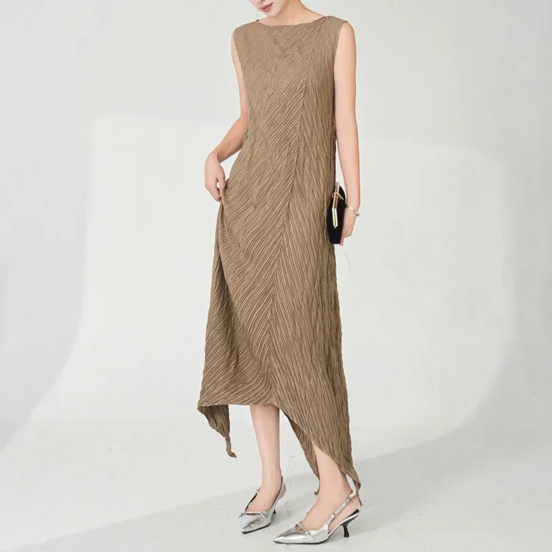 ALSEY 三宅不規則なプリーツ固体女性のドレス 2025 夏波ラウンドネックノースリーブルーズウエストファッション A ラインドレス