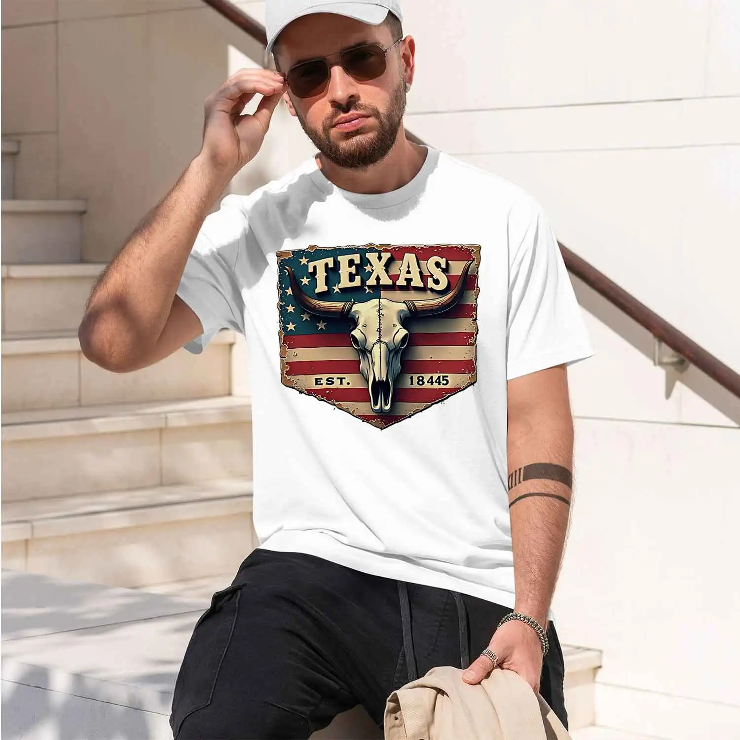 Texas Skull US Flag Sun Protected Maine Washable 2026 New Model Men’s Short-sleeve crewneck T-Shirt Classic Casual Multiple Colo