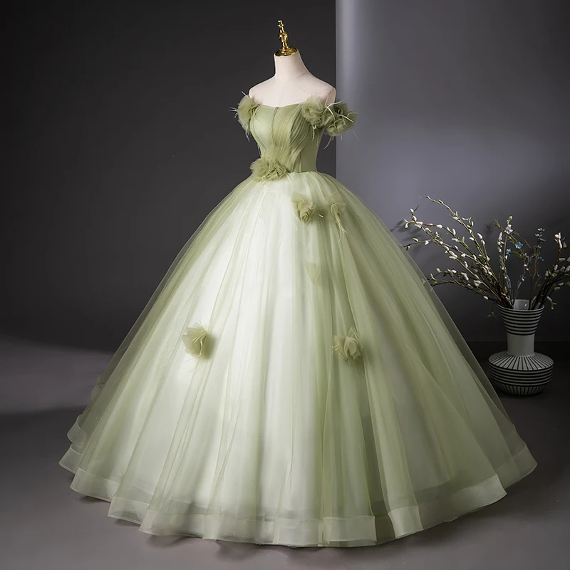

luxury vintage green flowers pleated dress evenings ball gown vintage/stuido/stage dress/can customize size