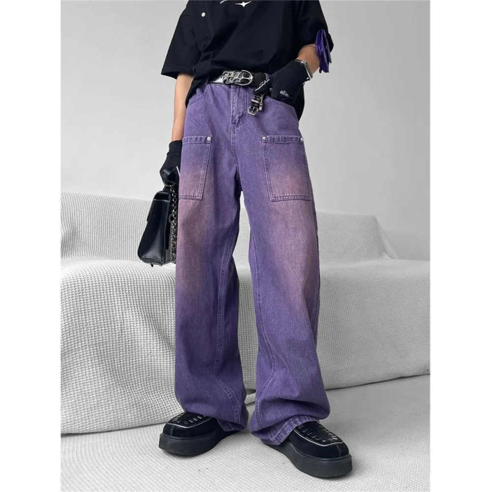 Jeans Pria Jepang Jeans Ungu Modis Celana Baggy Kargo Denim Tari Skateboard Pakaian Jalanan Kasual Antik Lurus Longgar