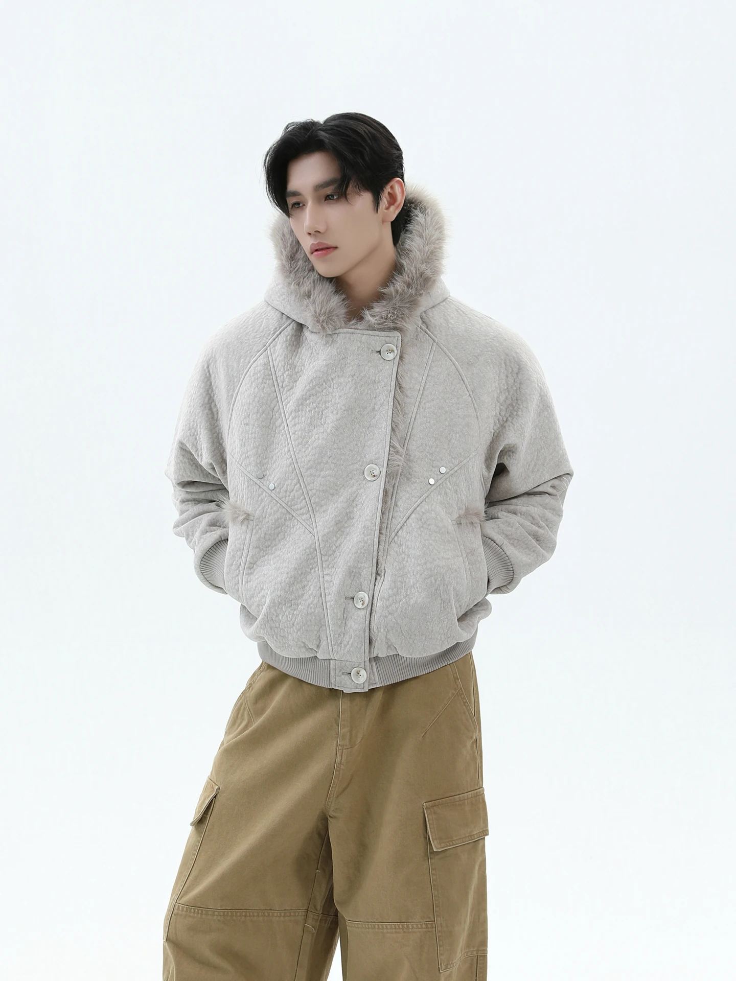 سترات رجالية شتوية 2025 بقلنسوة من فراء الأرنب الصناعي بتصميم عتيق سترات رجالية سميكة ودافئة معاطف رجالية وسيم بأكمام طويلة بلون واحد #2