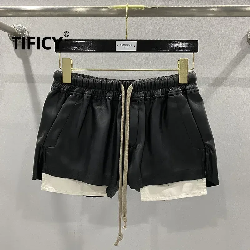 TIFICY High Street Women's Fashion Basic PU Leather Four Corner Pockets Comfortable Shorts New Versatile Black Short Pants