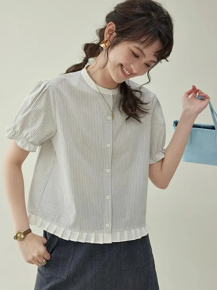 Casual Korean Striped Shirt Women Vintage O Neck Short Sleeve Blouse Sweet Preppy Style Female Retro Elegant Tops Summer