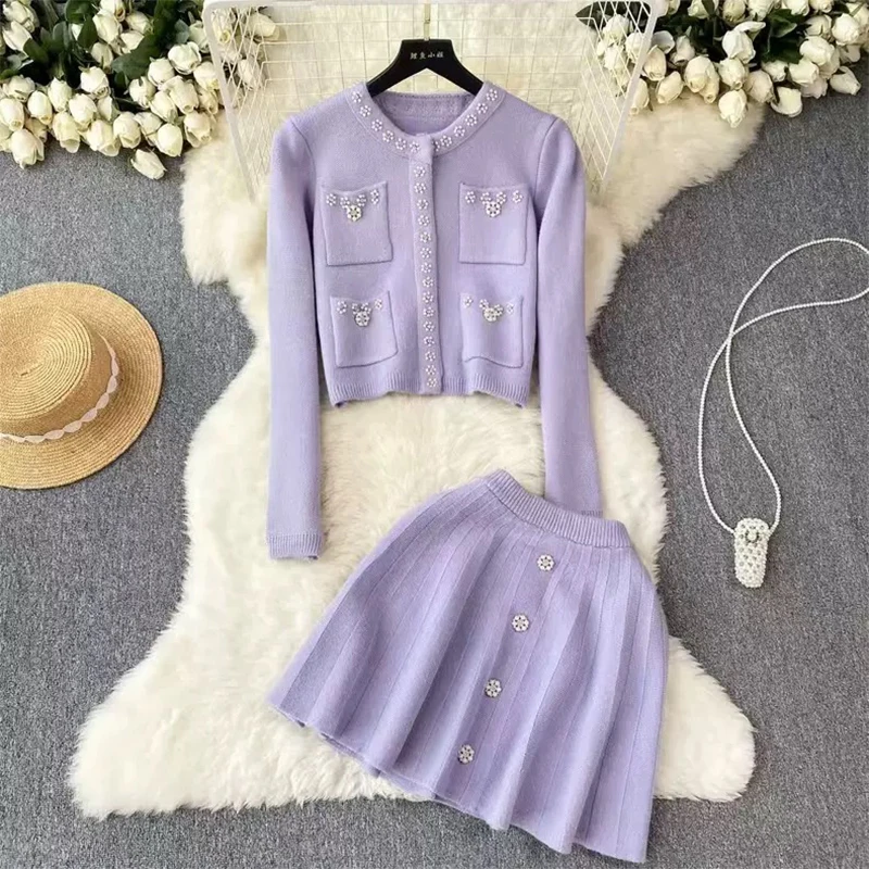 Autumn Women\'s Korean Version Fashion Design Sense Small Fragrance Style 2-Piece Set Elegant Sequin jacket Purple Half Skirt Set