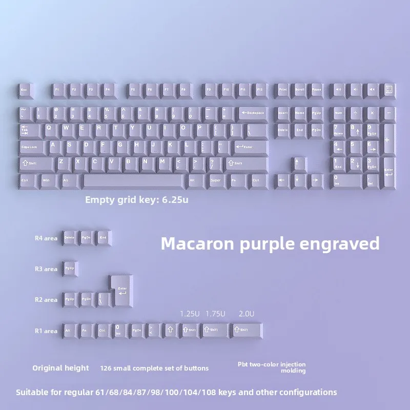KUXM Macaron Roxo PBT Keycaps Front-Printed Pequeno Conjunto Completo 126 Teclas Altura Original Duas Cores