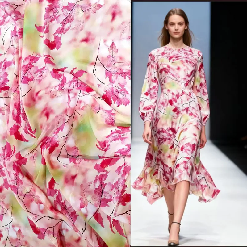 Silks Tulle Textile Red Autumnal Leaves Prints 16mm Real Mulberry Silk Fabric crepe de Chine Dress Material Pink Fabrics Turbans