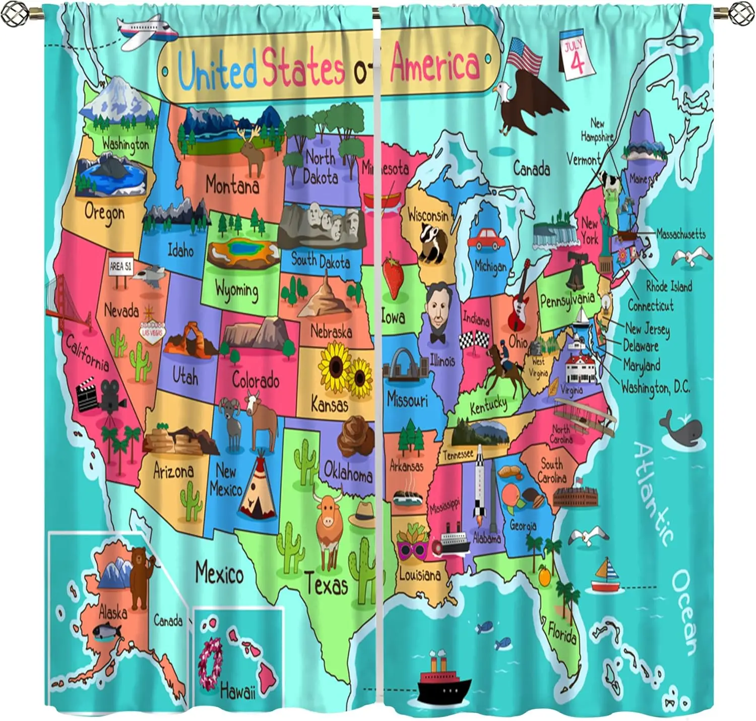 Rideaux pour enfants, imprimés carte des États-Unis avec des faits géographiques amusants et des dessins animés colorés, à passe-tringle, pour chambre à coucher, salon, chambre d'enfant, cuisine
