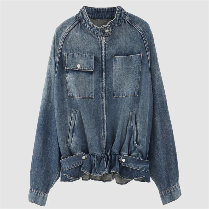 

Women's coat New retro washed women's jacket for autumn 2025 Flower bud shaped long sleeved top cotton denim jacket outerwears
