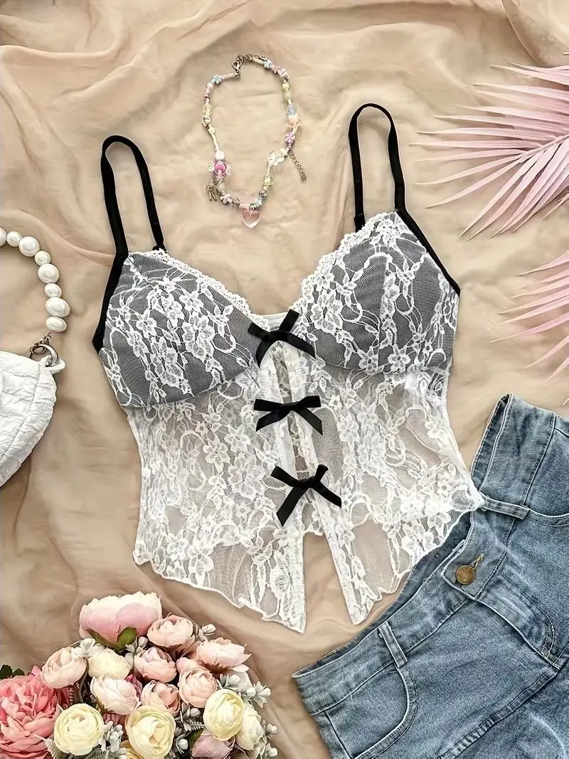 Women's V-neck Short Slim Lace Sleevless Top Exquisite Fashion Printed Suspender American Style Versatile Vest