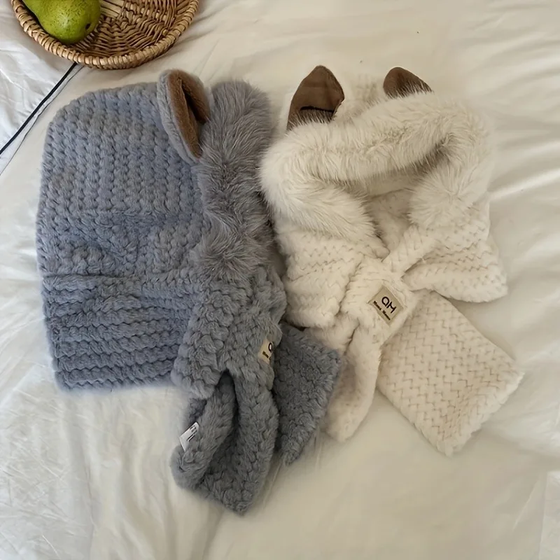 Nette Katze Ohr Hut Schal Frauen Mädchen Plüsch Winter Schal Kappe Set Dicke Warme Faux Pelz Hut Schals Hals Wärmer Outdoor Winddicht Acc