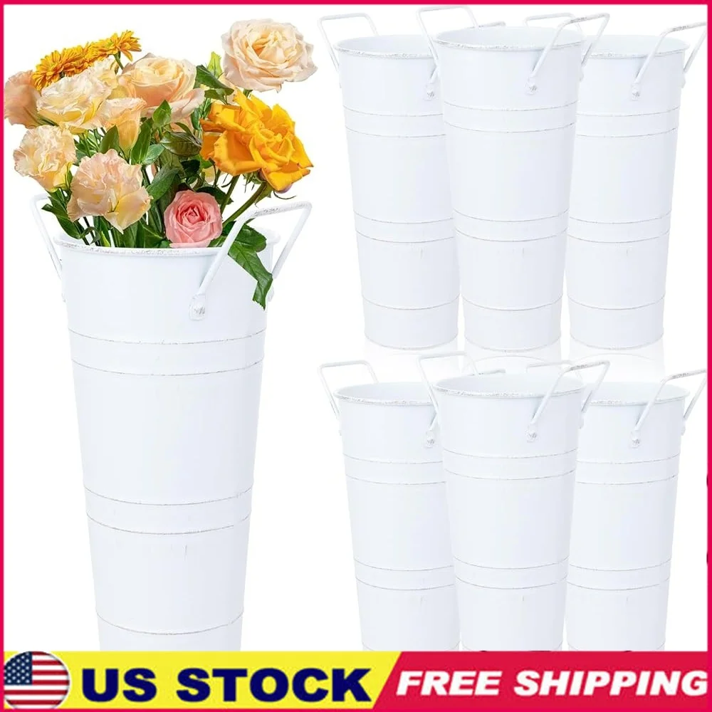 

6 Pcs Metal Flower Buckets Galvanized Vases with Handles Wedding Arrangement Rustic Home Decor Planters Garden