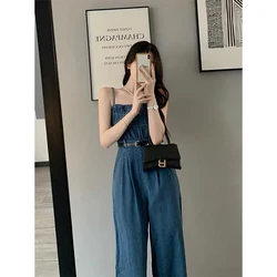 MEXZT Streetwear Denim Overalls Women Belt Wide Leg Jumpsuits Korean Suspender Pants High Waist Sleeveless Strap Jeans Trousers