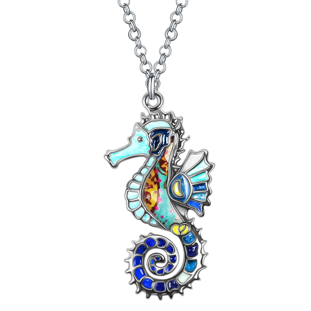 BONSNY Enamel Alloy Metal Sweet Ocean Sea Horse Necklace Pendant Long Chain Animals Fashion Jewelry For Women Girls Charms Gifts