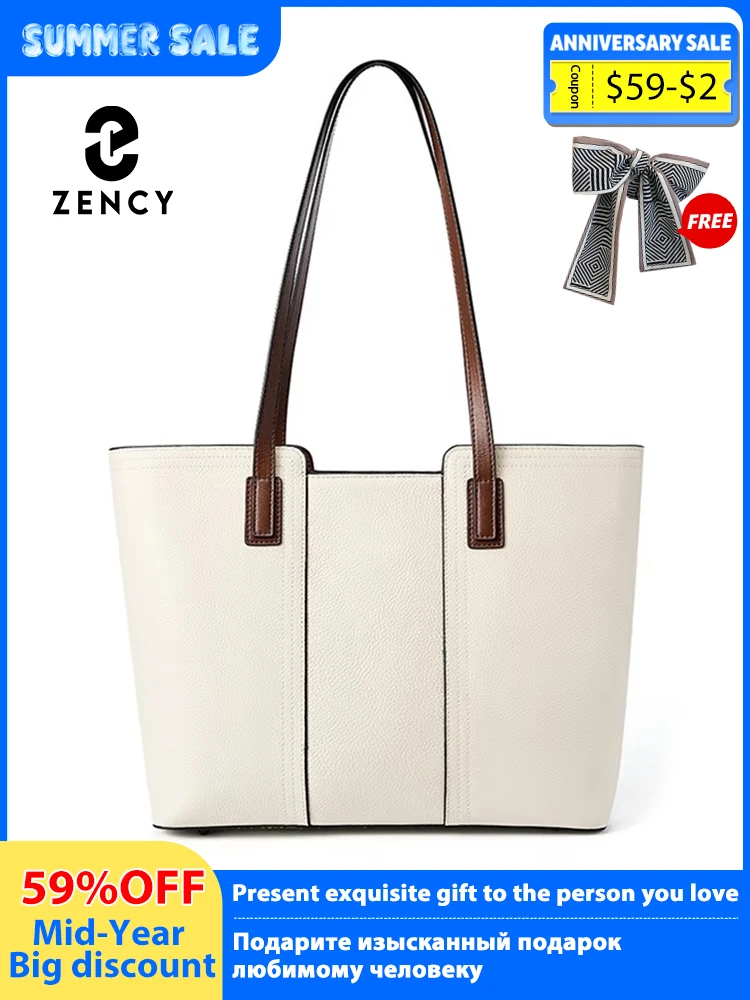 

Zency Genuine Leather Women's Work Tote Bag Handbag Classic Elegant Beige Large Capacity Shopper Bag Pocket Black Purse For A4