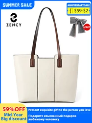 Zency Genuine Leather Women's Work Tote Bag Handbag Classic Elegant Beige Large Capacity Shopper Bag Pocket Black Purse For A4