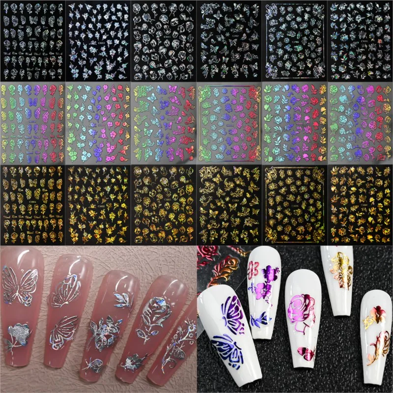 6Pcs/set Hot Stamping Rose Butterfly Nail Stickers Luminous Effect Colorful Gradual Nail Art Decals Laser Line Manicure Decorati