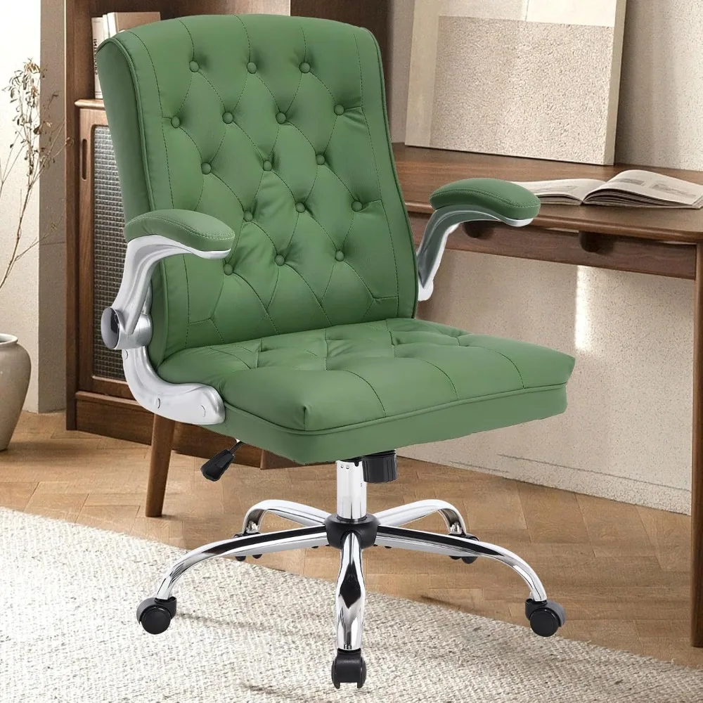 

Modern Leather Office Chair, Mid-Back Ergonomic Executive Desk Chair with Flip Up Arm, Mid Century Swivel Chair, Rocking Compute