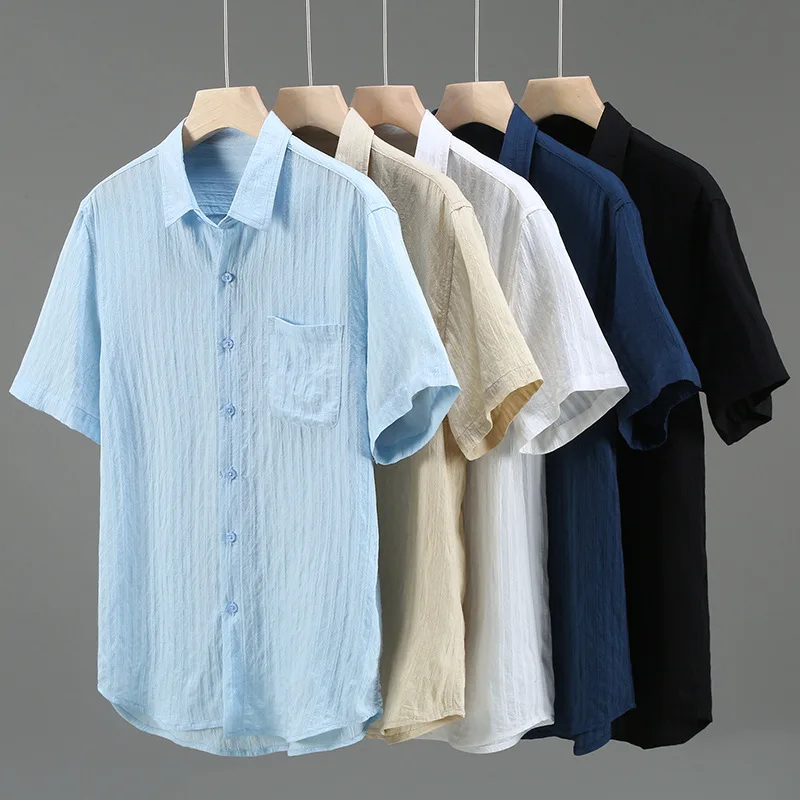 1511 Summer Simple Basic Style Solid Color Male Shirts Classic Striped Business Casual Loose Lapel Short Sleeve Blouse For Man