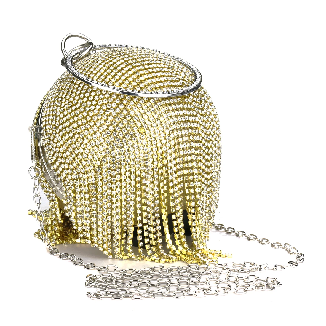 Gold Diamonds Rhinestone Round Ball Evening Bags For Women 2021 Fashion Mini Tassels Clutch Bag Ladies Ring Handbag Clutches