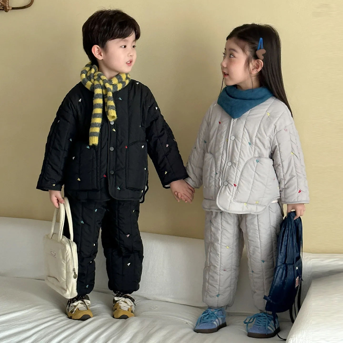 2026 New Embroidery Children's Sets Autumn Winter Warm Plush Lining Kids Hooded Jacket and Pants for Boys and Girls Sets