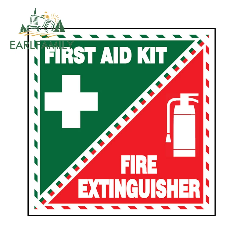 EARLFAMILY First Aid Fire Extinguisher Inside Vinyl Sticker Warning Decal Emergency Safety Kit Sign Graphic PVC Car Stickers