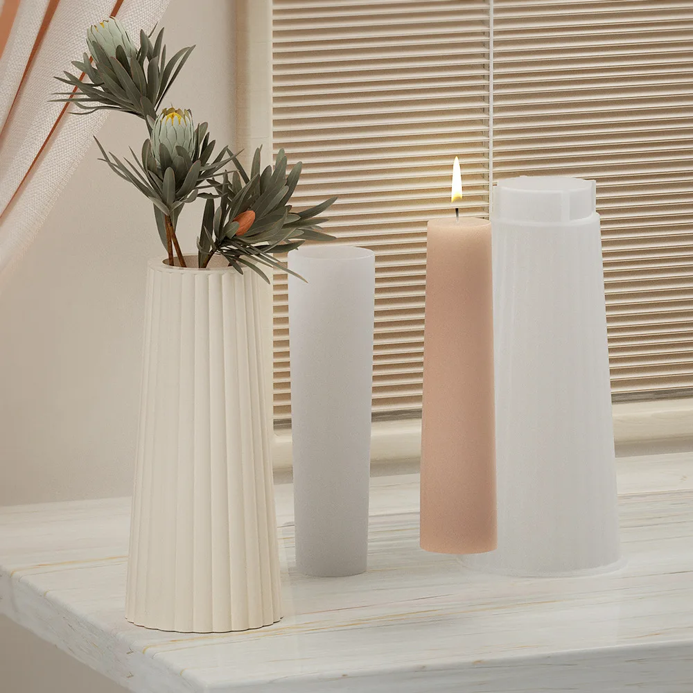 High Vase Concrete Silicone Molds Home Decoration Flowerpot Epoxy Resin Mold Striped Cylinder Candle Holder Gypsum Plaster Mould