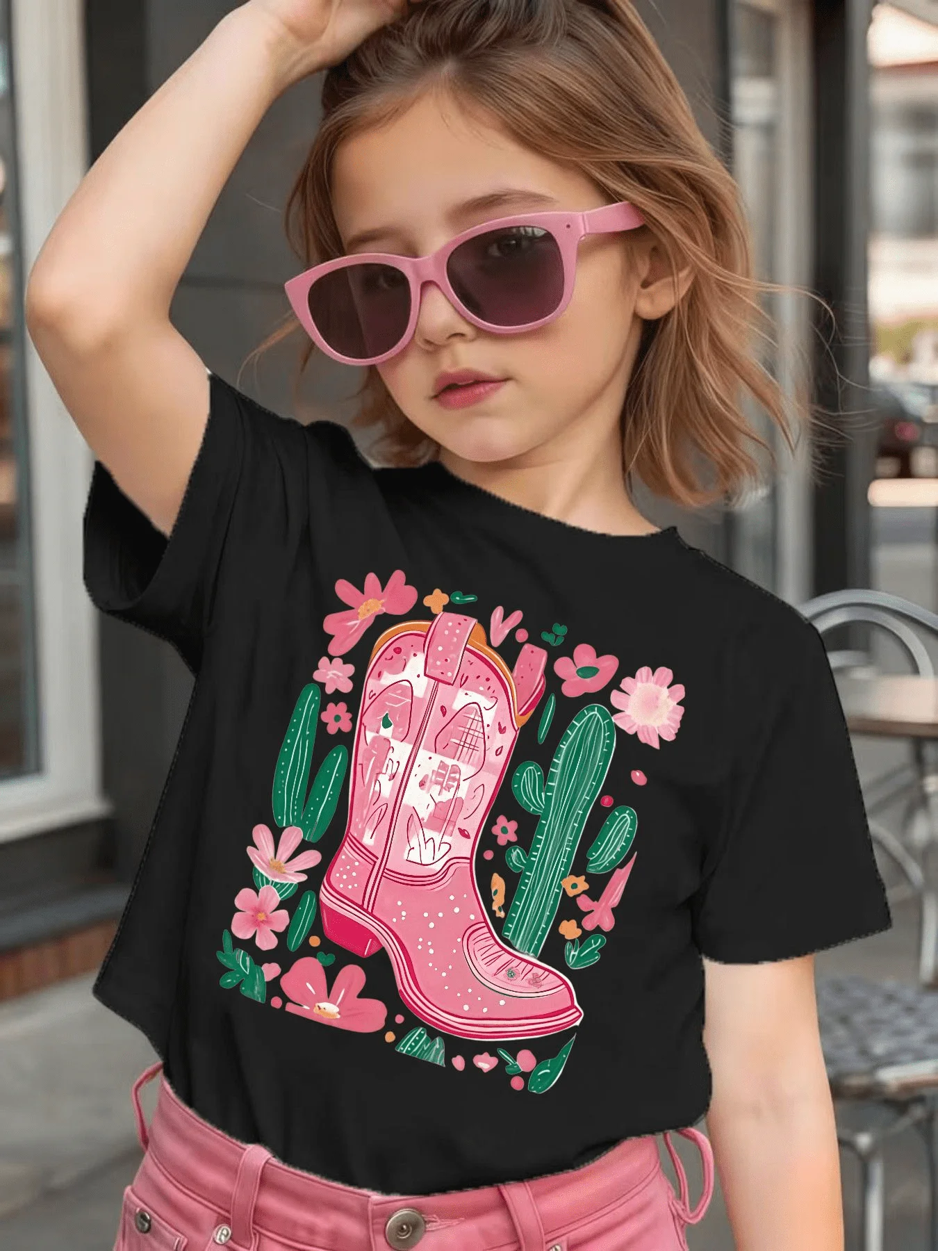 Pink Cowboy Boot Cactus Floral Graphic Kids Tee Boys Girls Family Matching Cotton Crew Neck Short Sleeve Soft Casual Summer Tee