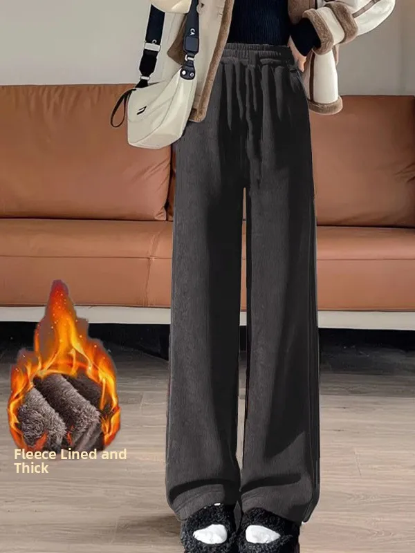 Autumn Winter Women's Fce Lined Thiened Corduroy Wide Leg Pants Casual Sle High Waist Elastic Closure Polyester Fiber
