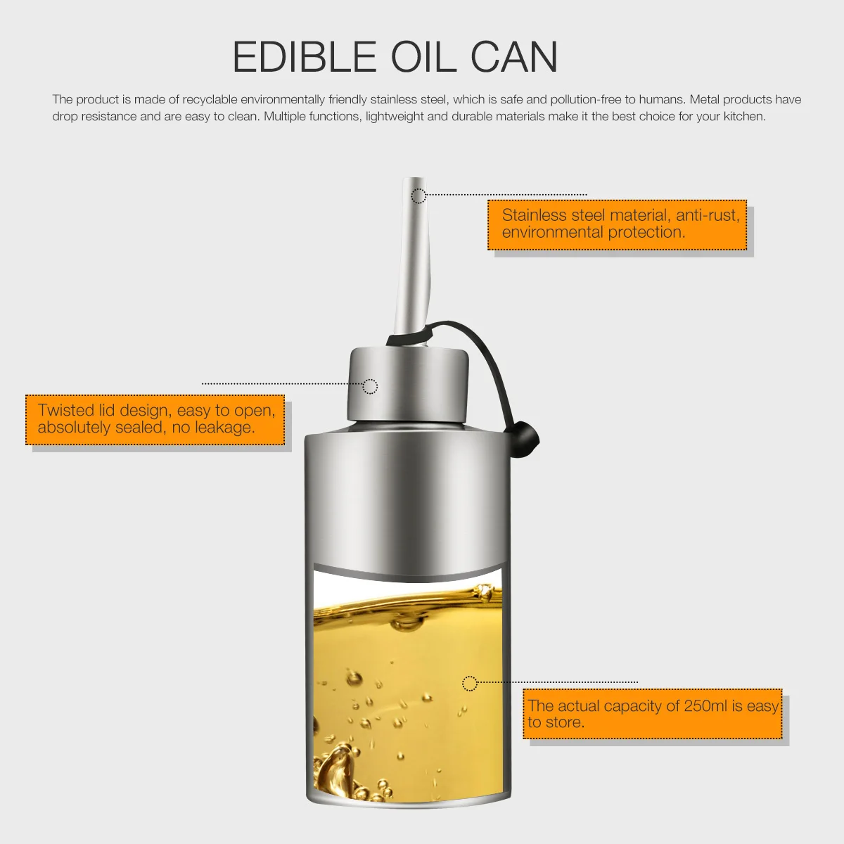 

1pc Stainless Steel Oil Pot 250ml Leakproof Condiment Bottle Kitchen Spice Container Oiler Dispenser Twisted Cover for Cooking